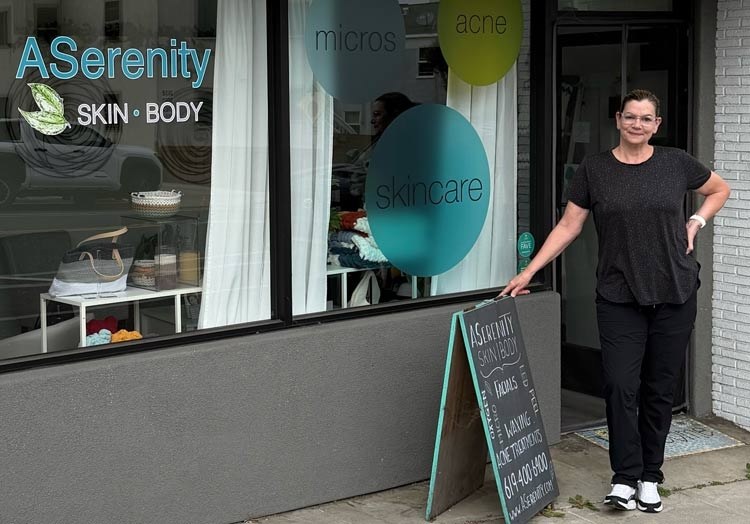 Anke standing outside ASerenity Skin and Body spa in San Diego